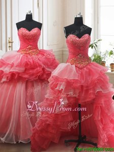 Super White and Coral Red Ball Gowns Beading and Ruffled Layers Quinceanera Gown Lace Up Organza Sleeveless