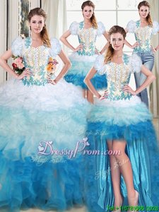 Flare Sleeveless Floor Length Beading and Appliques and Ruffles Lace Up Sweet 16 Quinceanera Dress with Multi-color