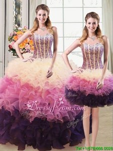 Floor Length Lace Up Quinceanera Gowns Multi-color and In forMilitary Ball and Sweet 16 and Quinceanera withBeading and Ruffles