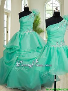 Gorgeous Floor Length Lace Up Quince Ball Gowns Turquoise and In forMilitary Ball and Sweet 16 and Quinceanera withBeading and Hand Made Flower
