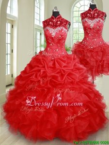 Glorious High-neck Sleeveless Lace Up Sweet 16 Dress Red Organza