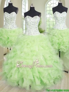 Fancy Yellow Green Organza Lace Up Sweetheart Sleeveless Floor Length Sweet 16 Quinceanera Dress Beading and Ruffles