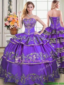 Stunning Eggplant Purple Lace Up Sweetheart Beading and Embroidery and Ruffled Layers Sweet 16 Dresses Taffeta Sleeveless