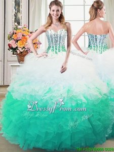 Most Popular Floor Length Ball Gowns Sleeveless White and Green Quinceanera Dress Lace Up