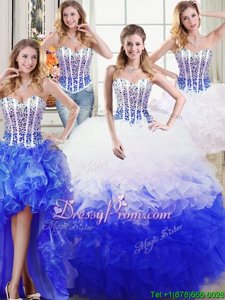 Comfortable Sleeveless Floor Length Beading and Ruffles Lace Up Quinceanera Gown with White and Blue