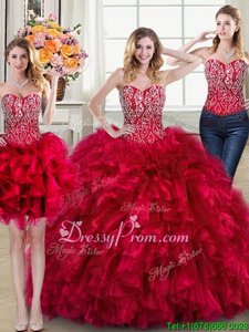 Modest Red Sleeveless Beading and Ruffles Lace Up 15 Quinceanera Dress