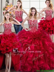 Custom Made Sleeveless Organza Brush Train Lace Up Sweet 16 Dresses inRed forSpring and Summer and Fall and Winter withBeading and Ruffles