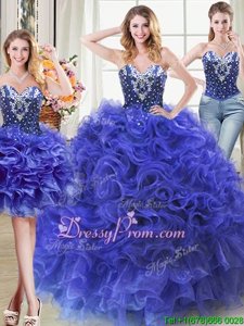 Hot Selling Beading and Ruffles Quinceanera Gowns Royal Blue Lace Up Sleeveless Floor Length