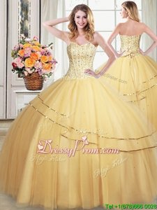 Nice Gold Sweetheart Neckline Beading and Sequins Sweet 16 Dress Sleeveless Lace Up