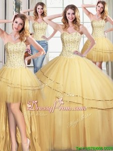 High Class Gold Quince Ball Gowns Military Ball and Sweet 16 and Quinceanera and For withBeading and Sequins Sweetheart Sleeveless Lace Up