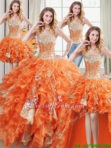 Unique Orange Ball Gowns Organza Sweetheart Sleeveless Beading and Ruffles and Sequins Floor Length Lace Up Quinceanera Gowns