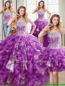 Chic Purple Lace Up Sweetheart Beading and Ruffles and Sequins Sweet 16 Quinceanera Dress Organza Sleeveless