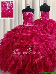 Fuchsia Strapless Neckline Beading and Ruffles Sweet 16 Quinceanera Dress Sleeveless Lace Up
