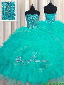 Fancy Floor Length Turquoise Ball Gown Prom Dress Organza Sleeveless Spring and Summer and Fall and Winter Beading and Ruffles
