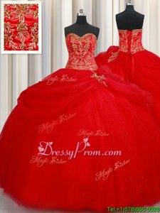 Deluxe Sleeveless Tulle Floor Length Lace Up Vestidos de Quinceanera inRed forSpring and Summer and Fall and Winter withBeading and Pick Ups