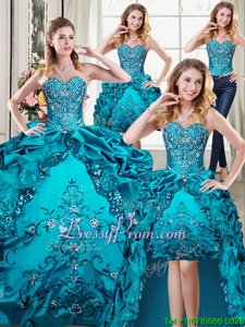 Trendy Sleeveless Floor Length Beading and Embroidery and Pick Ups Lace Up Vestidos de Quinceanera with Teal
