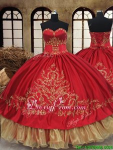 Gorgeous Wine Red and Gold Ball Gowns Organza and Taffeta Sweetheart Sleeveless Beading and Embroidery Floor Length Lace Up 15 Quinceanera Dress