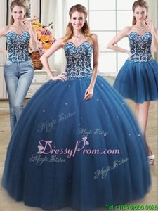 Glamorous Teal Tulle Lace Up Sweetheart Sleeveless Floor Length Quinceanera Dress Beading