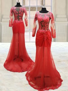 Exquisite Scoop With Train Column/Sheath Long Sleeves Red Evening Dress Side Zipper