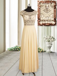 Wonderful Scoop Cap Sleeves Chiffon Floor Length Zipper Prom Dresses in Champagne for with Beading