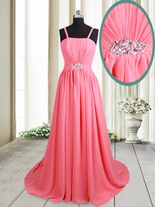 Straps Straps Empire Sleeveless Pink Prom Evening Gown Brush Train Lace Up