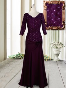 Clearance Half Sleeves Prom Gown Floor Length Beading and Lace and Hand Made Flower Dark Purple Elastic Woven Satin