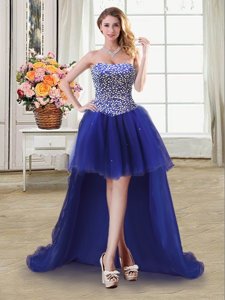 Extravagant Beading Dress for Prom Royal Blue Lace Up Sleeveless High Low