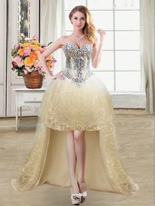 Champagne Ball Gowns Sweetheart Sleeveless Tulle and Lace High Low Lace Up Beading and Lace and Sequins