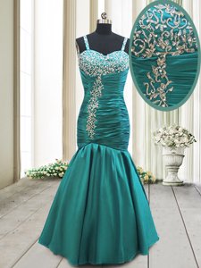 Mermaid Straps Straps Floor Length Teal Prom Evening Gown Taffeta Sleeveless Beading and Ruching