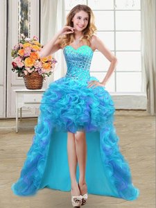Sweetheart Sleeveless Prom Party Dress High Low Beading and Ruffles Aqua Blue Organza
