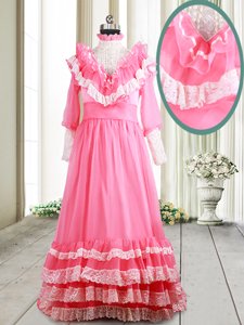 Hot Sale Ruffled Pink Long Sleeves Chiffon Brush Train Zipper Prom Gown for Prom