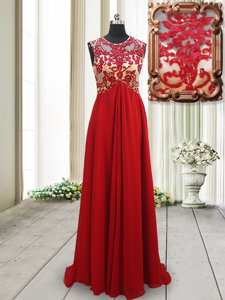 Luxurious Chiffon Scoop Sleeveless Brush Train Backless Appliques Dress for Prom in Red