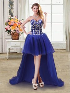 Royal Blue Ball Gowns Sweetheart Sleeveless Tulle High Low Lace Up Beading and Sequins Prom Evening Gown