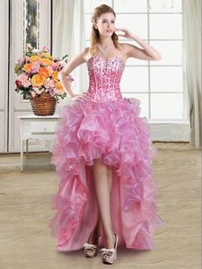 Sleeveless High Low Sequins Lace Up Prom Party Dress with Pink