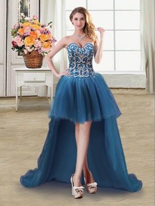 Sweetheart Sleeveless Prom Party Dress High Low Beading and Sequins Teal Tulle