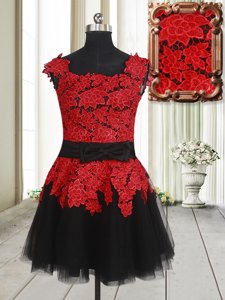 Ideal Square Sleeveless Evening Dress Mini Length Appliques Red And Black Tulle