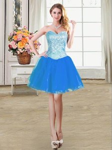 Blue A-line Organza Sweetheart Sleeveless Beading Mini Length Lace Up Dress for Prom