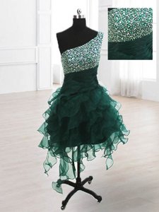 One Shoulder Beading and Ruffles Dress for Prom Peacock Green Lace Up Sleeveless Knee Length