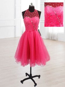 Sophisticated Hot Pink A-line High-neck Sleeveless Organza Knee Length Lace Up Sequins Prom Dresses