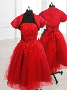 Knee Length Red Dress for Prom Organza Short Sleeves Embroidery