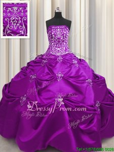 Unique Eggplant Purple Ball Gowns Taffeta Strapless Sleeveless Beading and Appliques and Embroidery Floor Length Lace Up Quince Ball Gowns