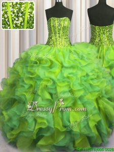 Wonderful Strapless Sleeveless 15 Quinceanera Dress Floor Length Beading and Ruffles Multi-color Organza