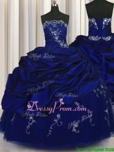 Custom Design Royal Blue Sweet 16 Quinceanera Dress Military Ball and Sweet 16 and Quinceanera and For withBeading and Embroidery and Pick Ups Strapless Sleeveless Lace Up