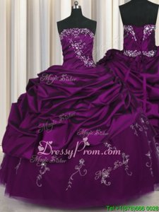 Artistic Purple Taffeta Lace Up Strapless Sleeveless Floor Length Sweet 16 Quinceanera Dress Beading and Embroidery and Pick Ups
