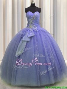 On Sale Sleeveless Tulle Floor Length Lace Up 15 Quinceanera Dress inLavender forSpring and Summer and Fall and Winter withBeading and Sequins and Bowknot