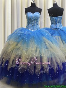 Flirting Multi-color Tulle Lace Up 15 Quinceanera Dress Sleeveless Floor Length Beading and Ruffles and Sequins