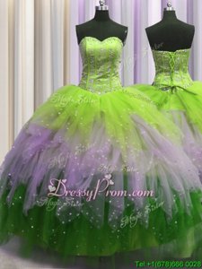 Clearance Floor Length Multi-color Sweet 16 Quinceanera Dress Tulle Sleeveless Spring and Summer and Fall and Winter Beading and Ruffles and Sequins