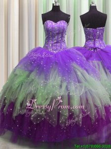 Sumptuous Multi-color Ball Gowns Tulle Sweetheart Sleeveless Beading and Ruffles and Sequins Floor Length Lace Up Ball Gown Prom Dress