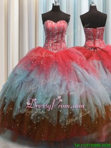 Fine Sleeveless Tulle Floor Length Lace Up Sweet 16 Dress inMulti-color forSpring and Summer and Fall and Winter withBeading and Ruffles and Sequins
