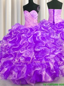 Sleeveless Floor Length Beading and Ruffles Lace Up Quinceanera Dress with Purple